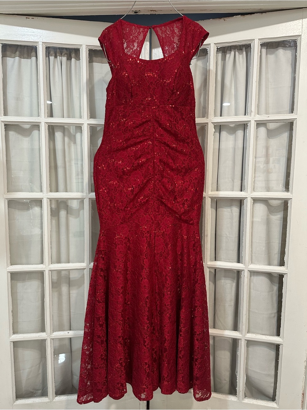 Cindy Collection Women's Red Sequin Lace Mermaid Evening Gown Style #1725